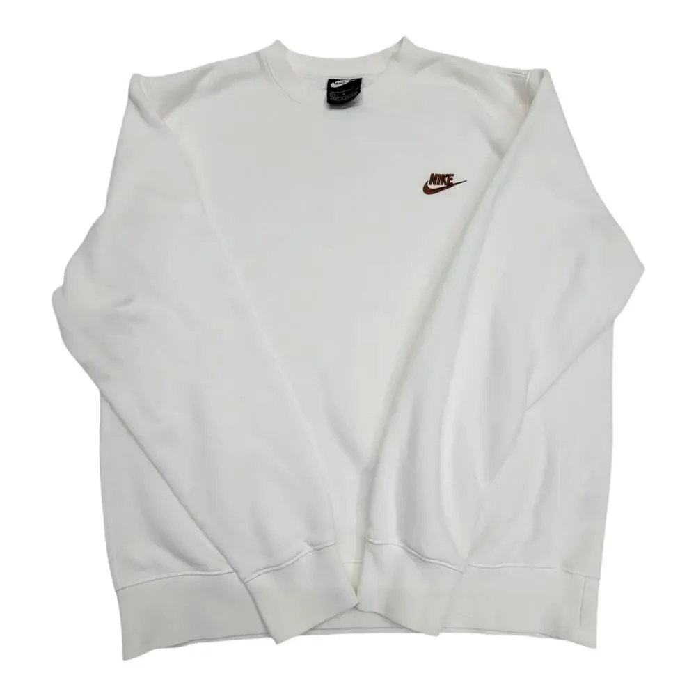 Nike Mens Size Medium White Sweatshirt Crewneck Brown Logo Fleece Pullover